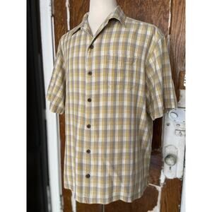 TOMMY BAHAMA Yellow/Gray Plaid Silk Camp Shirt sz XL